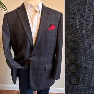 MENS BLAZER SIZE 46L SPORT COAT GRAY WINDOWPANE PLAID CLASSIC LONG FIT JACKET